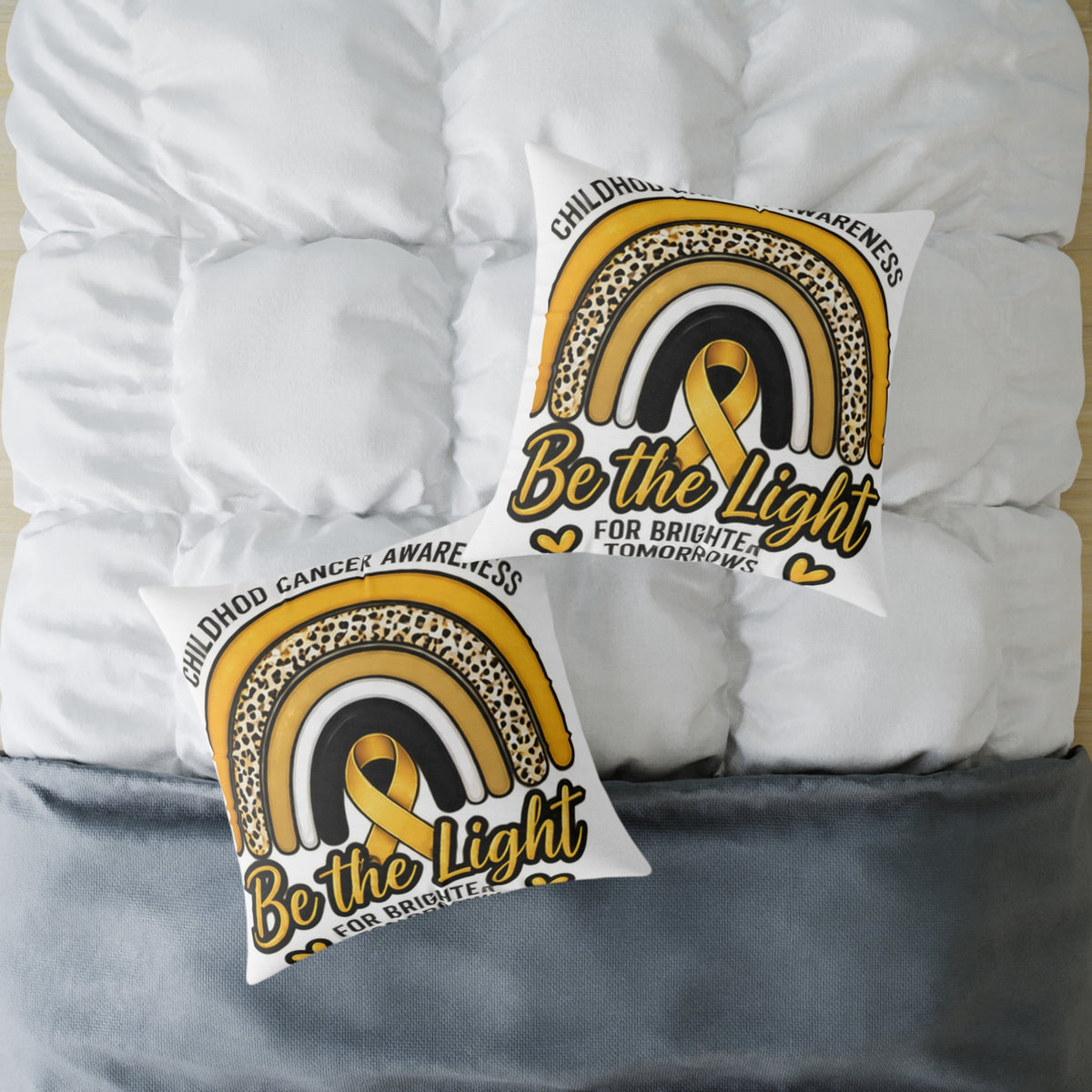 Childhood Cancer Awareness Pillow – "Be the Light" Gold Ribbon Square Pillow