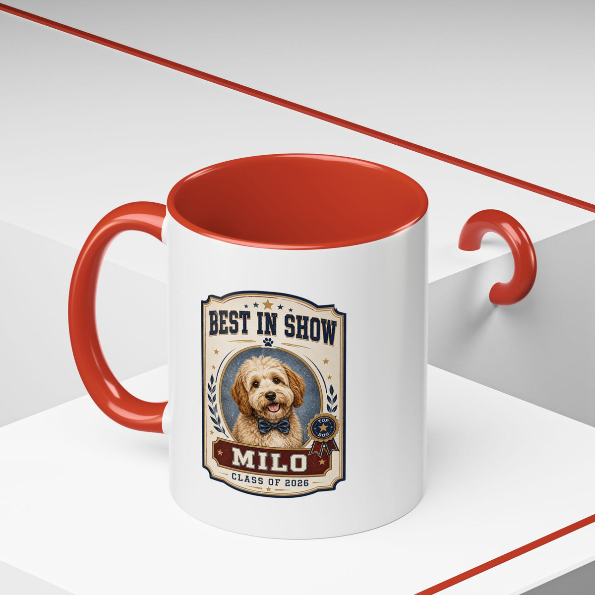 Milo Bailey Dog Dad Mom Best in Show Personalized Dog Mug — "Milo" Class of 2028 Accent Coffee Mug