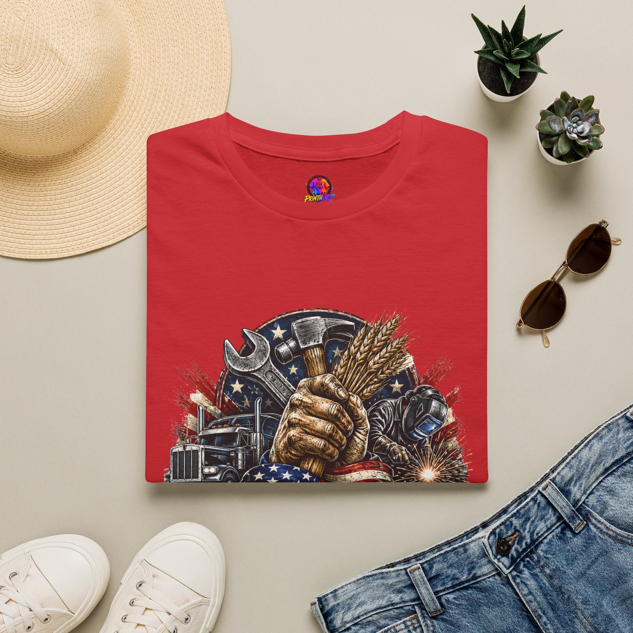 Freedom Runs on Working Hands T-Shirt — Patriotic Mechanic Tool & Wheat Design