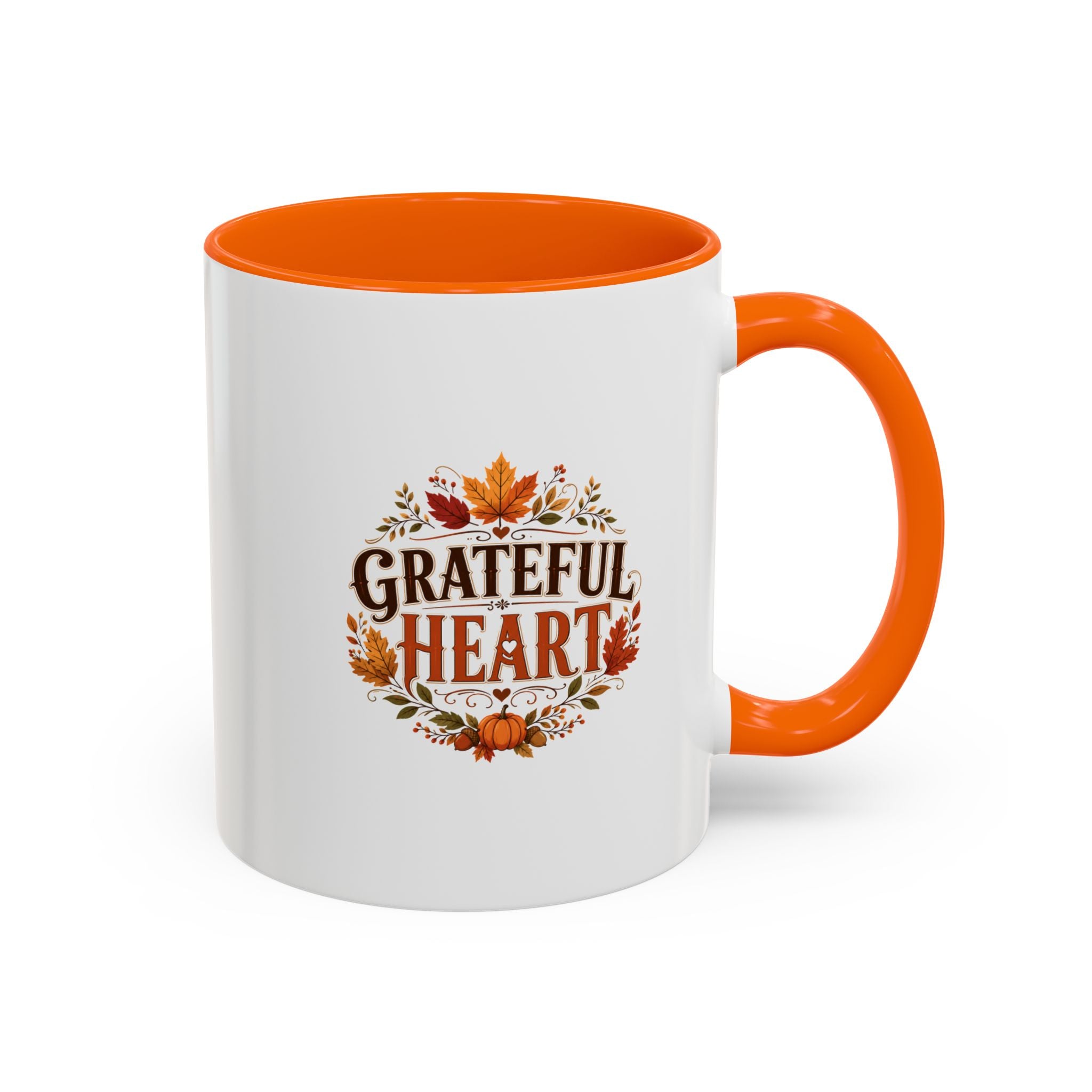 Thanksgiving Mug Grateful Heart Coffee Mug — Fall Leaves Pumpkin Accent Mug