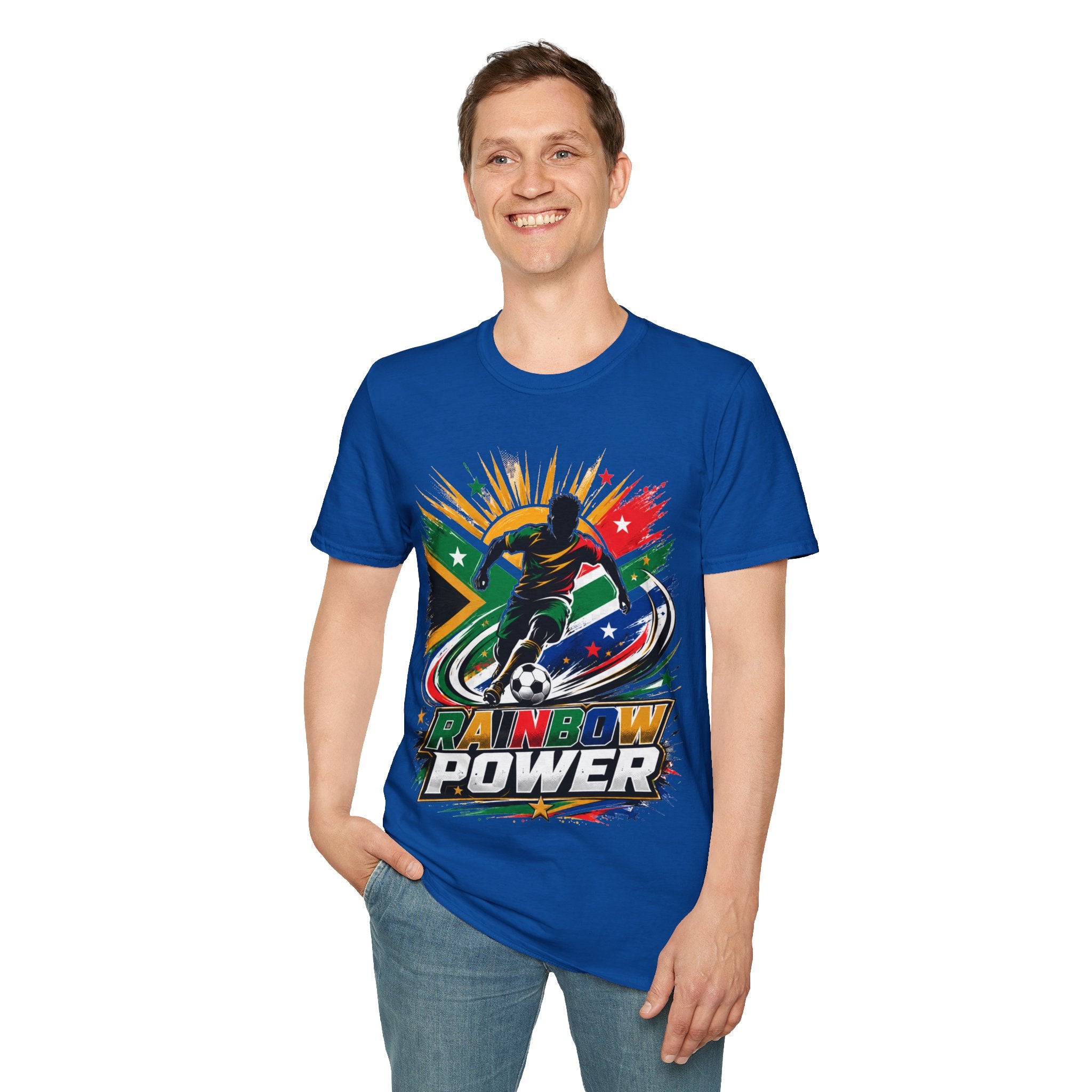 South Africa Soccer Rainbow Power T-Shirt — Colorful Football Player Graphic Tee