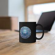 Pisces Zodiac Coffee Mug - Blue Astrology Symbol on Black Ceramic