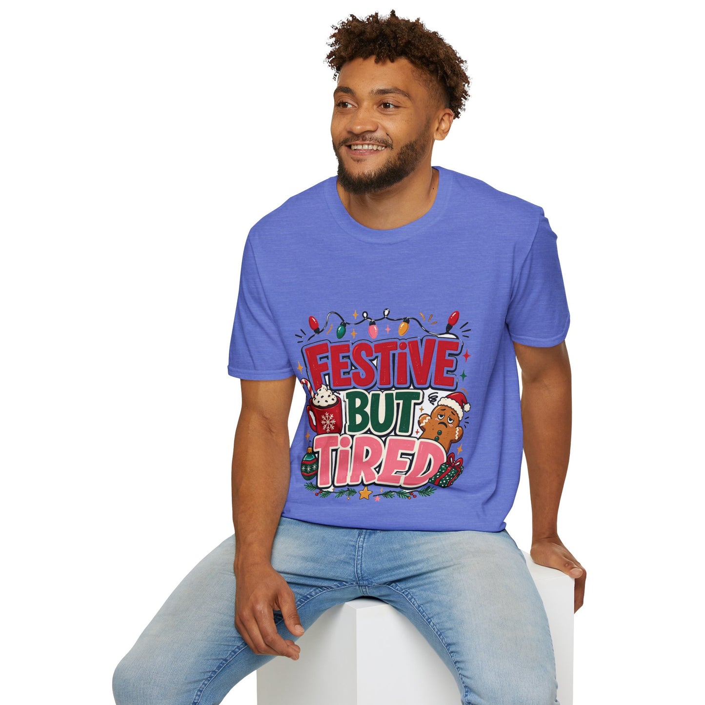 Festive But Tired T-Shirt — Holiday Christmas Crew Tee with Lights & Gingerbread