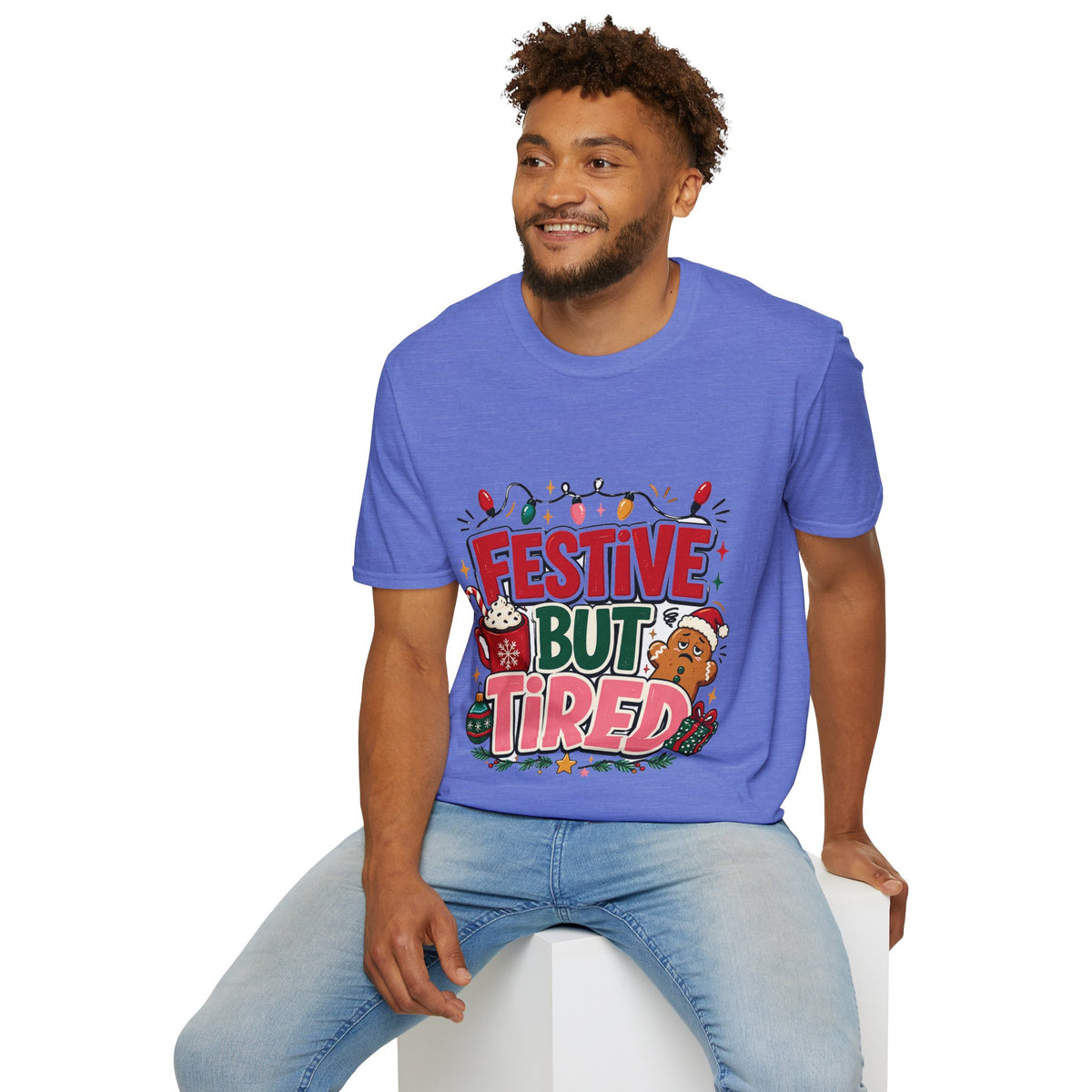 Festive But Tired T-Shirt — Holiday Christmas Crew Tee with Lights & Gingerbread