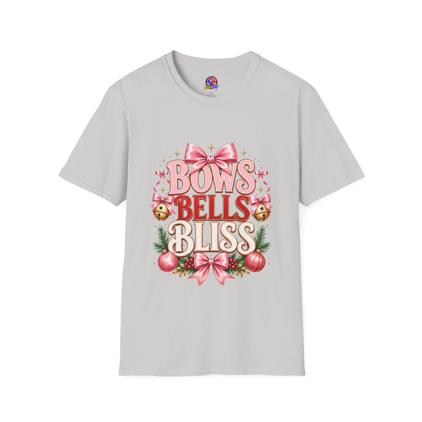 T-Shirt — "Bows Bells Bliss" Pink Holiday Graphic Tee