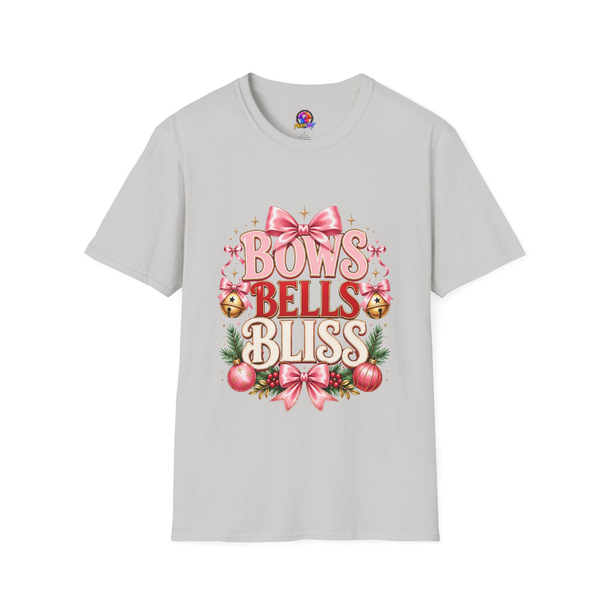 T-Shirt — "Bows Bells Bliss" Pink Holiday Graphic Tee