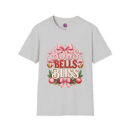 T-Shirt — "Bows Bells Bliss" Pink Holiday Graphic Tee