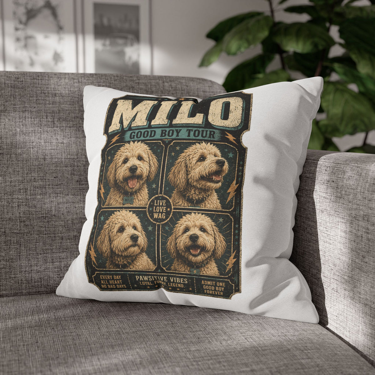 Milo "Good Boy Tour" Square Pillowcase — Cute Dog Portrait Decorative Pillowcase Milo Bailey Dog Dad Mom