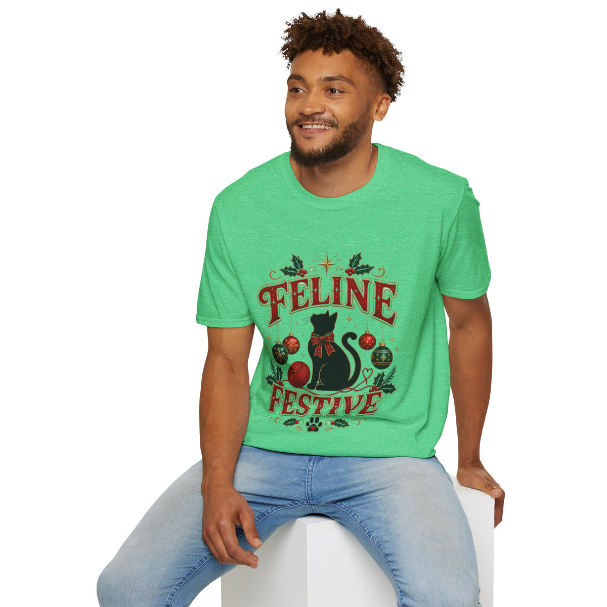 Feline Festive T-Shirt — Cute Black Cat Christmas Holiday Tee