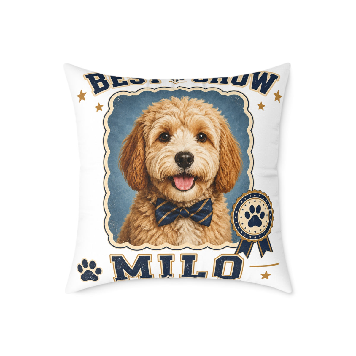 Milo Bailey Dog Dad Mom Square Pillow — 'Best in Show' Personalized Dog Portrait (Milo)