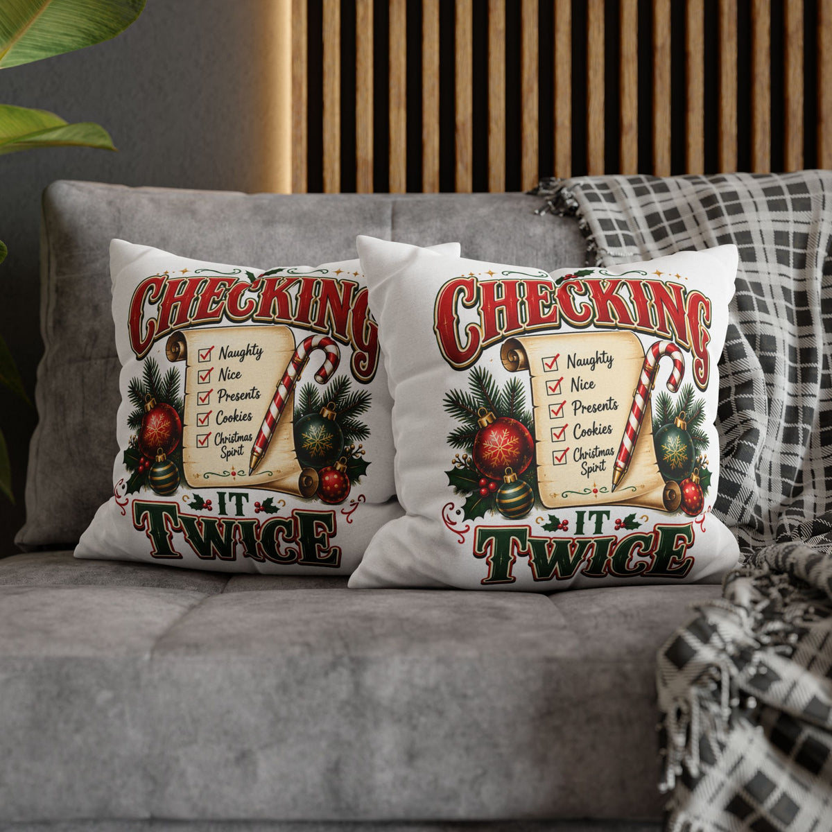 Checking It Twice Christmas Pillowcase — Festive Holiday Checklist Throw Pillow Cover