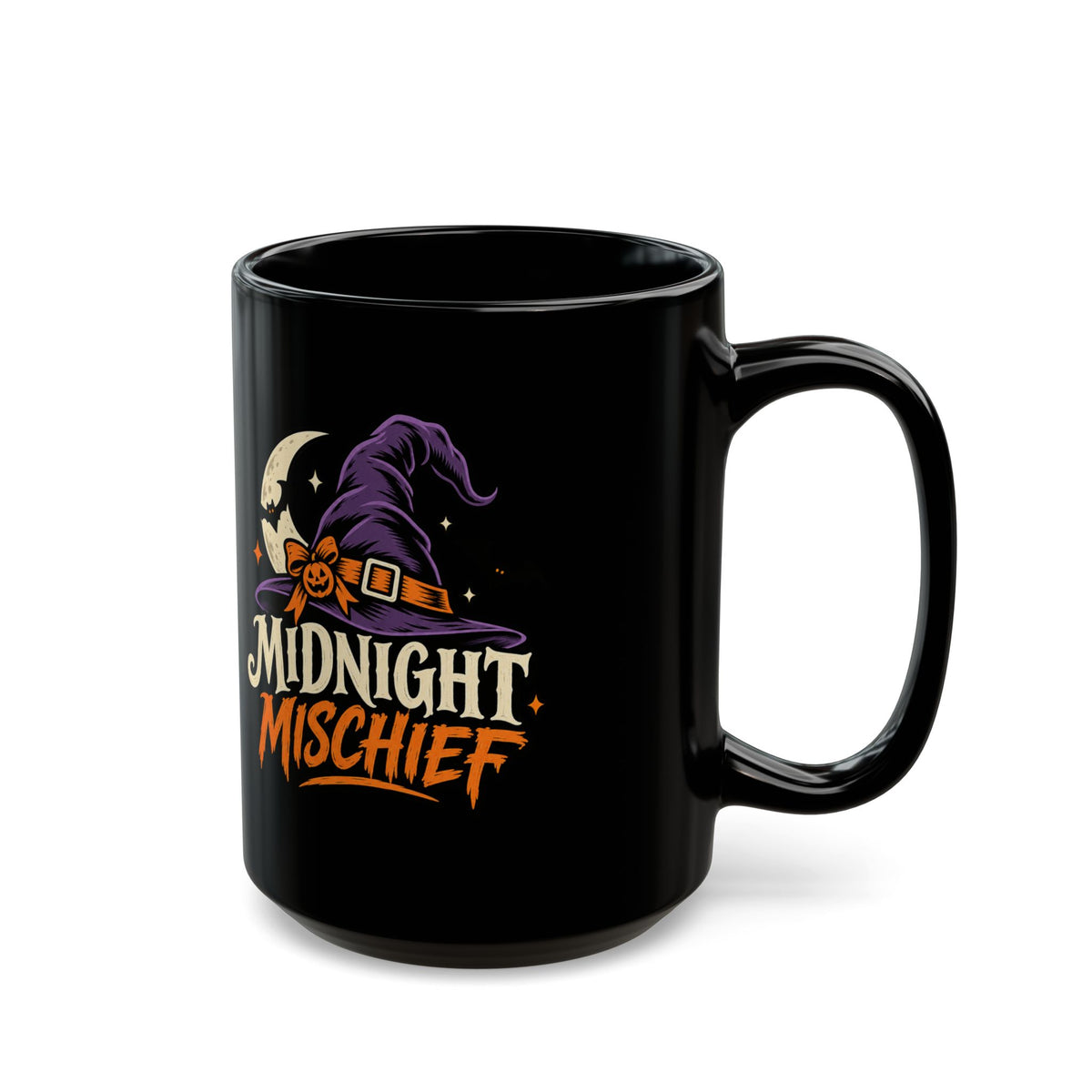 Midnight Mischief Halloween Mug — Witch Hat Moon Design (11oz/15oz Black)