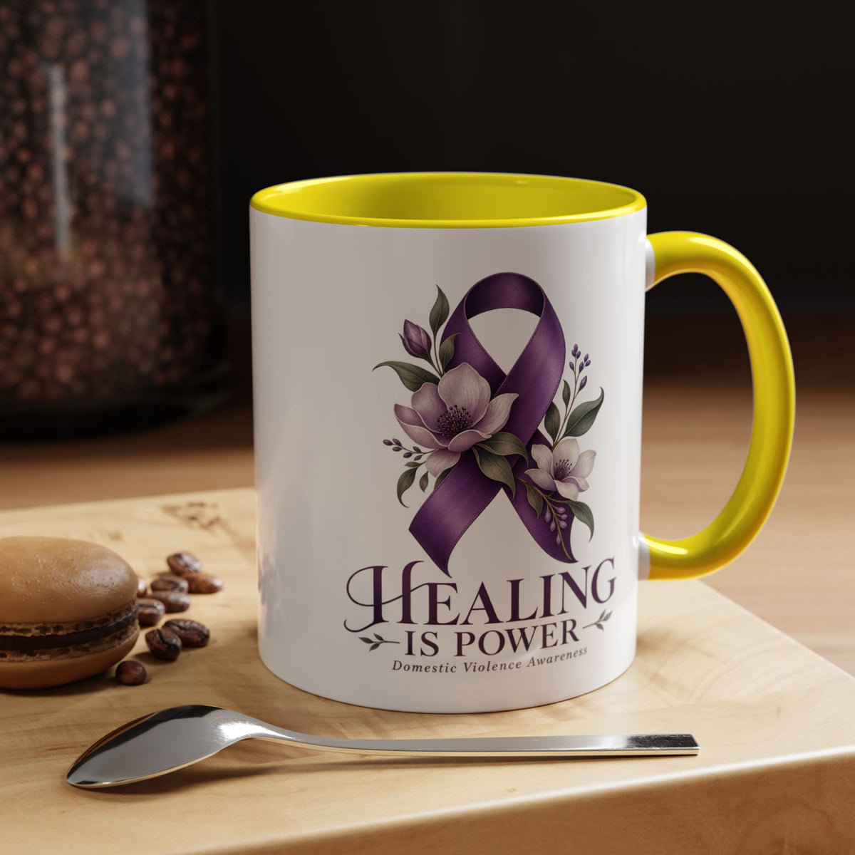 Healing Is Power Purple Ribbon Coffee Mug — Domestic Violence Awareness Accent Mug (11/15oz)