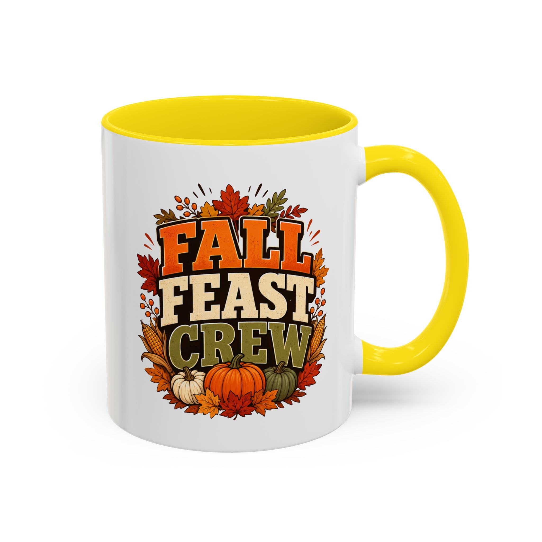 Thanksgiving Mug Fall Feast Crew Coffee Mug — Thanksgiving Pumpkin Autumn Leaves Accent Mug