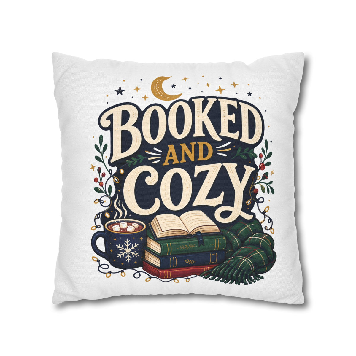 Booked and Cozy Square Pillowcase Modern Day Christmas — Booklover Decorative Throw Pillow Cover