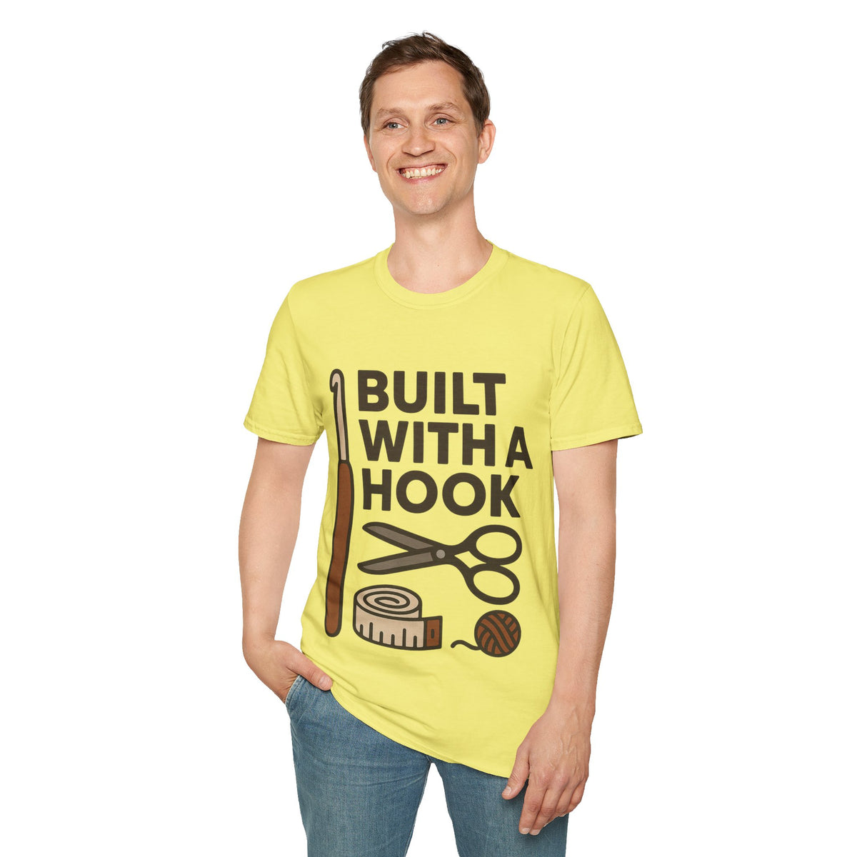 "Built With A Hook" Funny Crochet Graphic Tee - Minimalist Yarn Maker Crafting White T-Shirt - Trending Now - September 2026