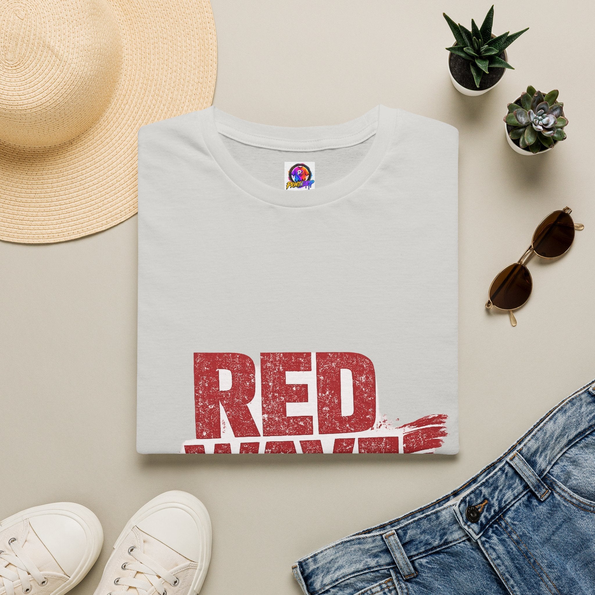 South Korea Red Wave Graphic T‑Shirt — Vintage Distressed Logo Tee