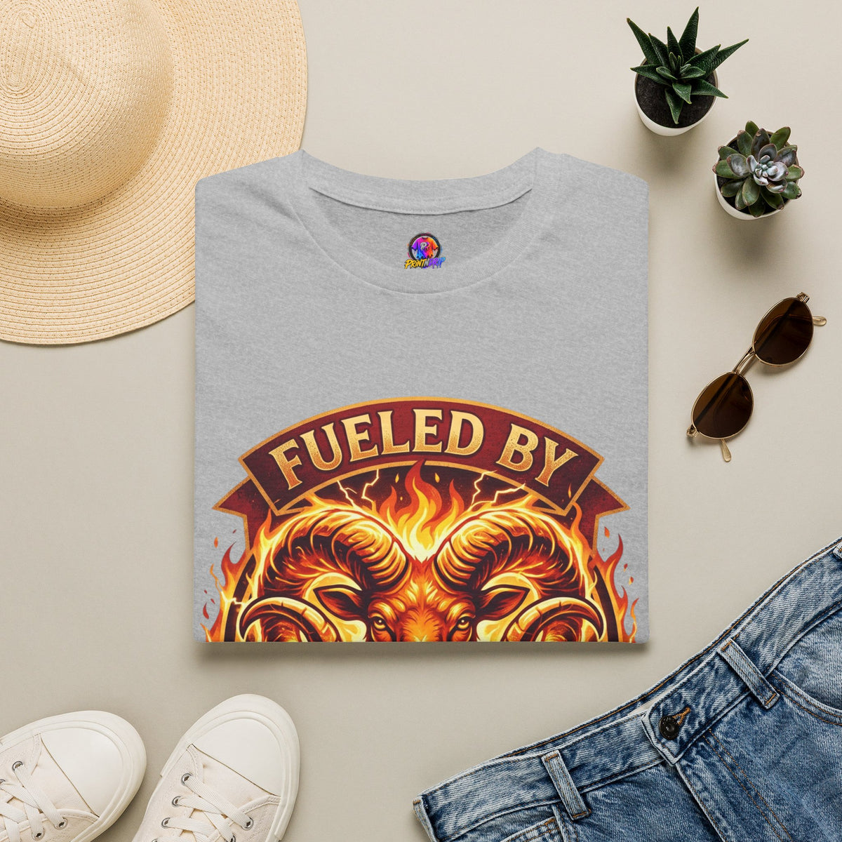 Aries Zodiac Fueled By Fire & Aries Energy T-Shirt — Zodiac Ram Graphic Tee