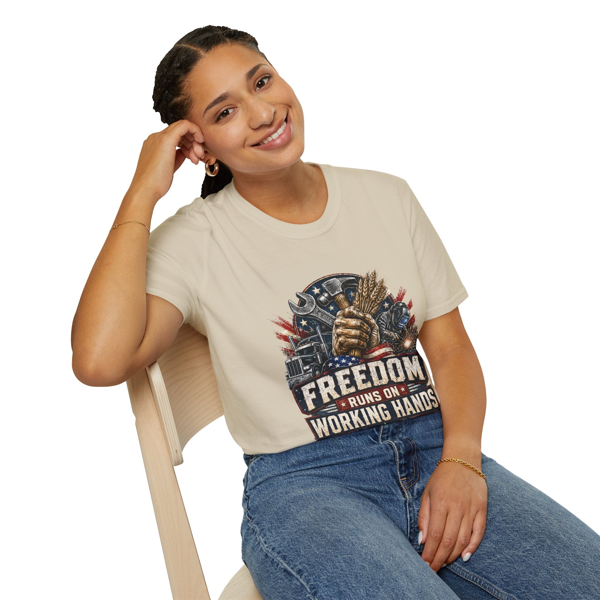 Freedom Runs on Working Hands T-Shirt — Patriotic Mechanic Tool & Wheat Design
