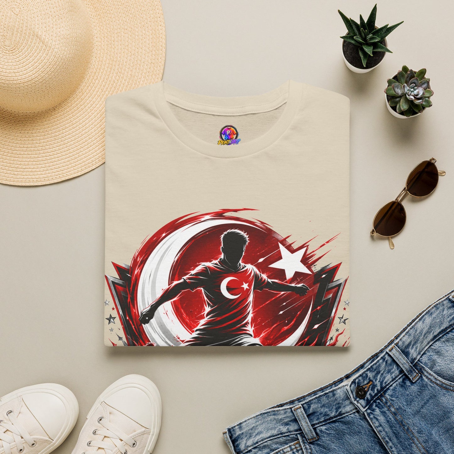 Turkey Crimson Flame Soccer T-Shirt — Turkish Crescent & Star Football Fan Tee