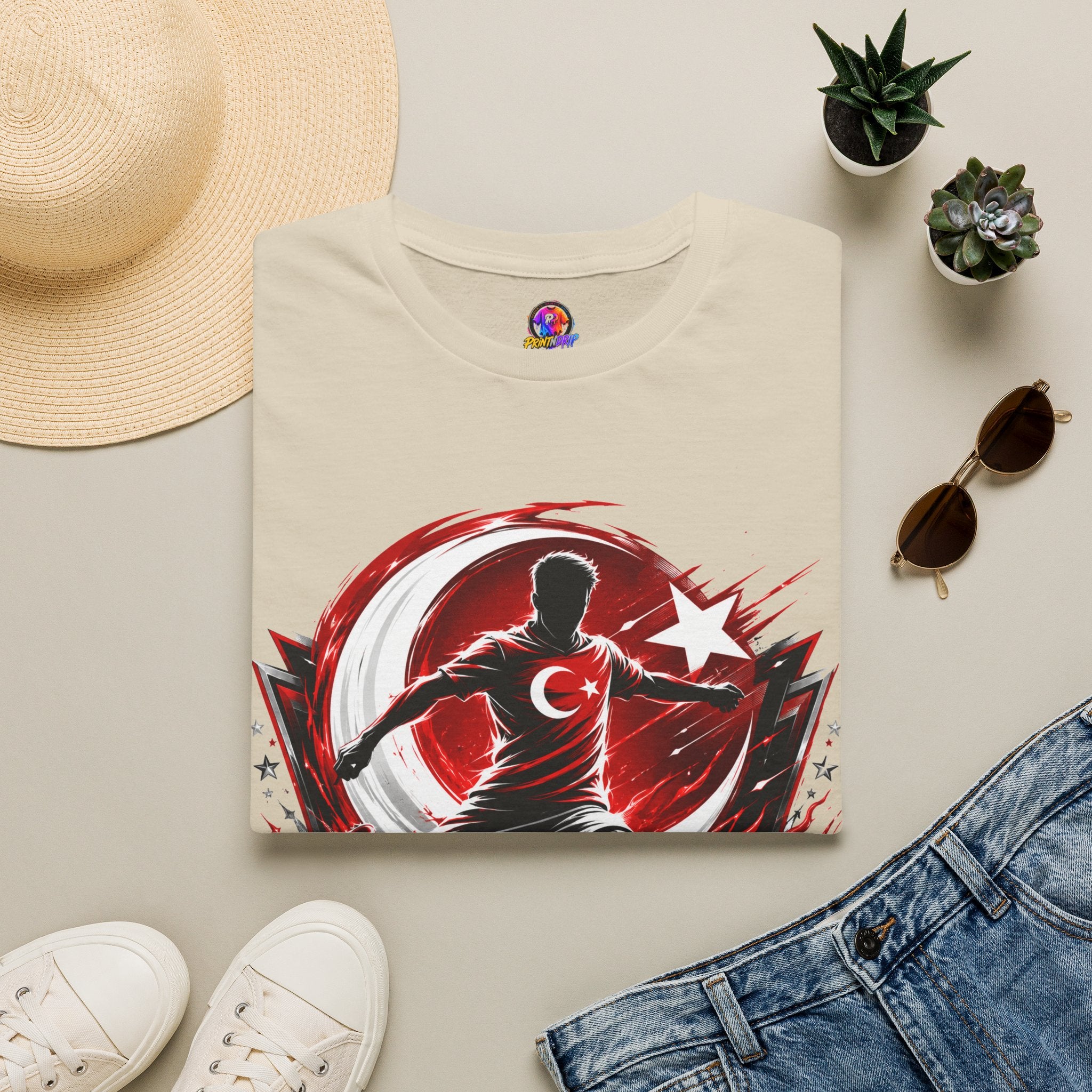 Turkey Crimson Flame Soccer T-Shirt — Turkish Crescent & Star Football Fan Tee
