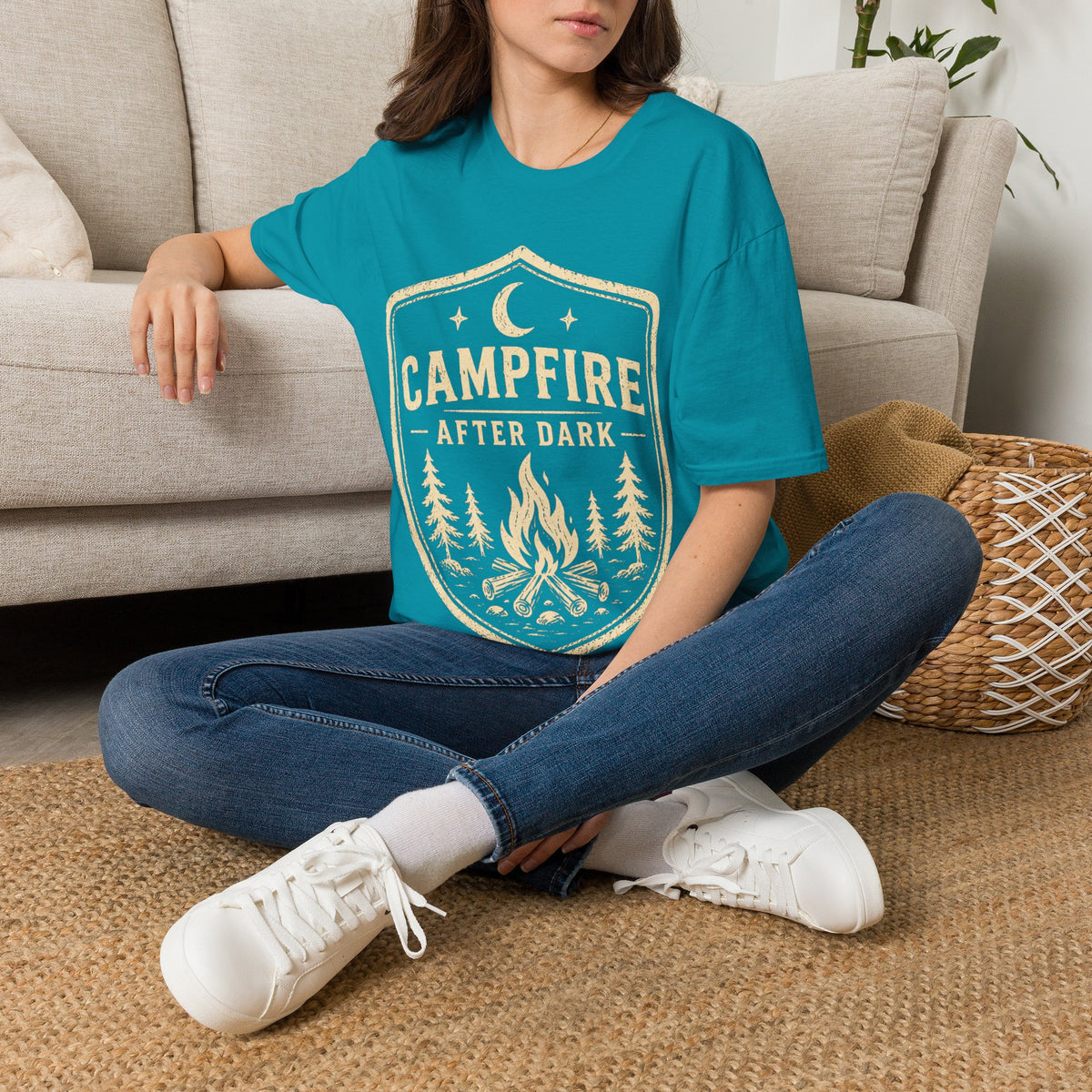 Campfire After Dark T-Shirt — Retro Camping Badge Tee for Outdoor Lovers