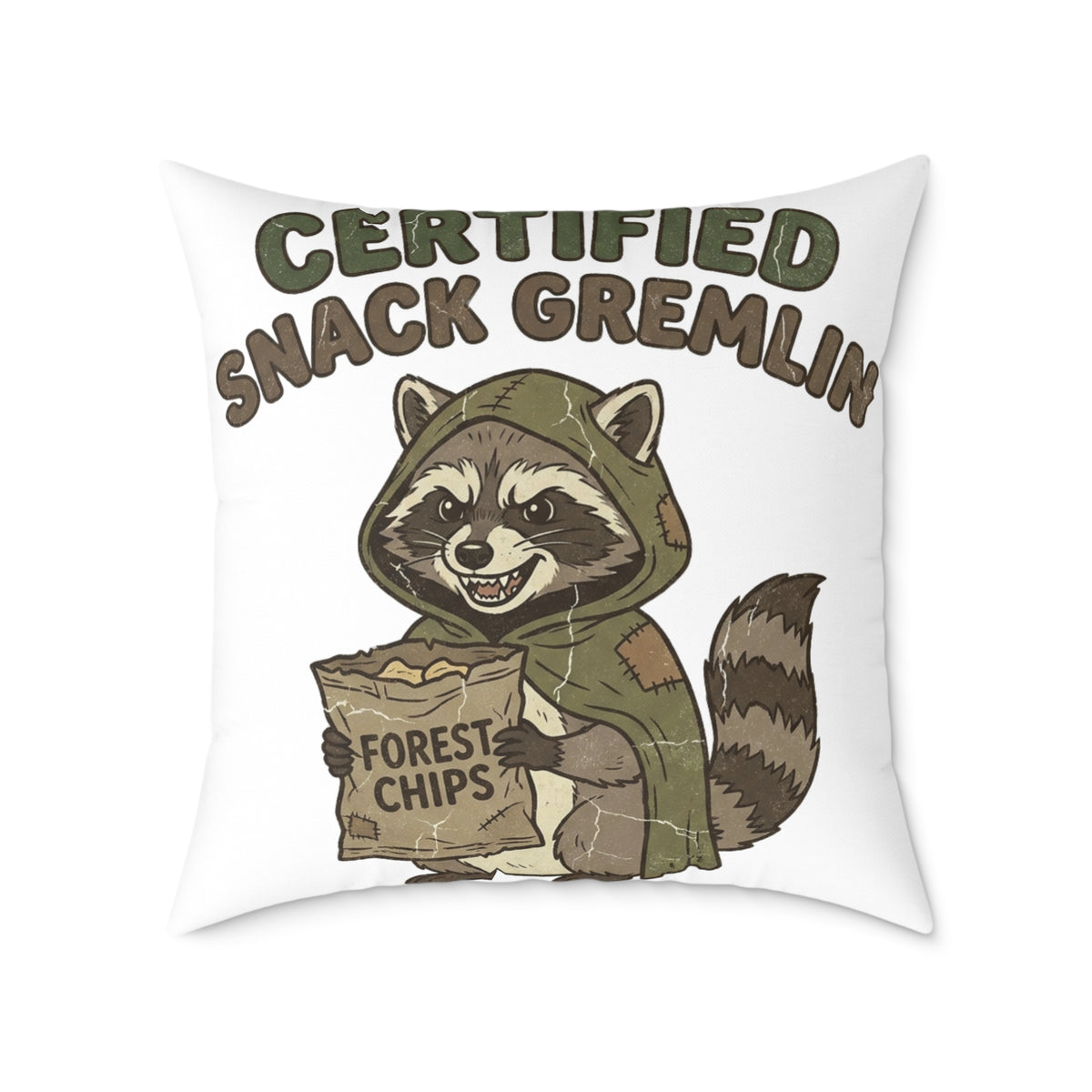 Funny Certified Snack Gremlin Raccoon Pillow — Cute Animal Snack Lover Throw Pillow