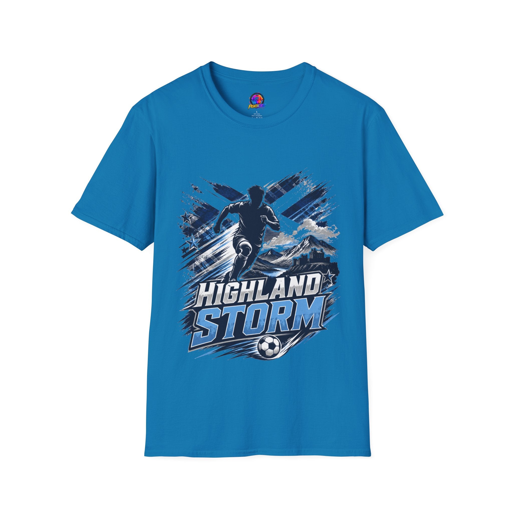 Scotland Highland Storm Soccer T-Shirt — Mountain Soccer Player Graphic Tee