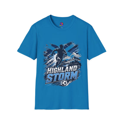 Scotland Highland Storm Soccer T-Shirt — Mountain Soccer Player Graphic Tee