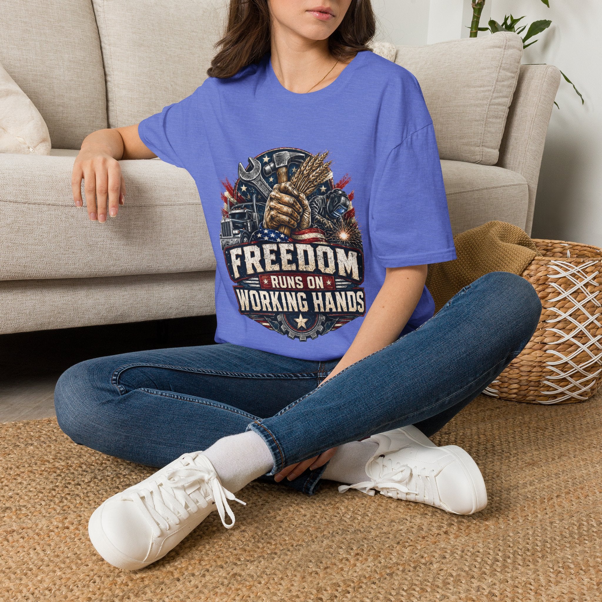 Freedom Runs on Working Hands T-Shirt — Patriotic Mechanic Tool & Wheat Design