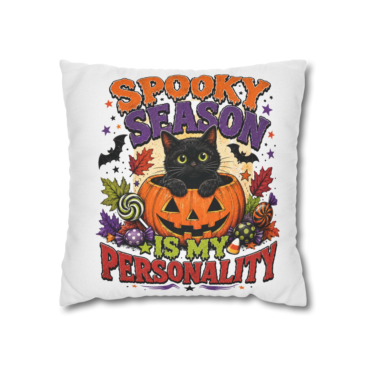 Halloween Pillowcase — "Spooky Season Is My Personality" Black Cat & Pumpkin Decorative Pillow Cover