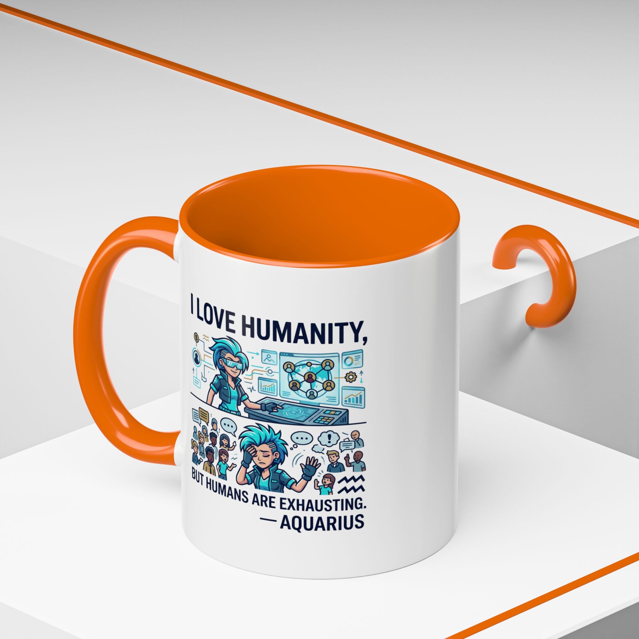 Aquarius Zodiac Coffee Mug — "I Love Humanity, But Humans Are Exhausting" Accent Mug