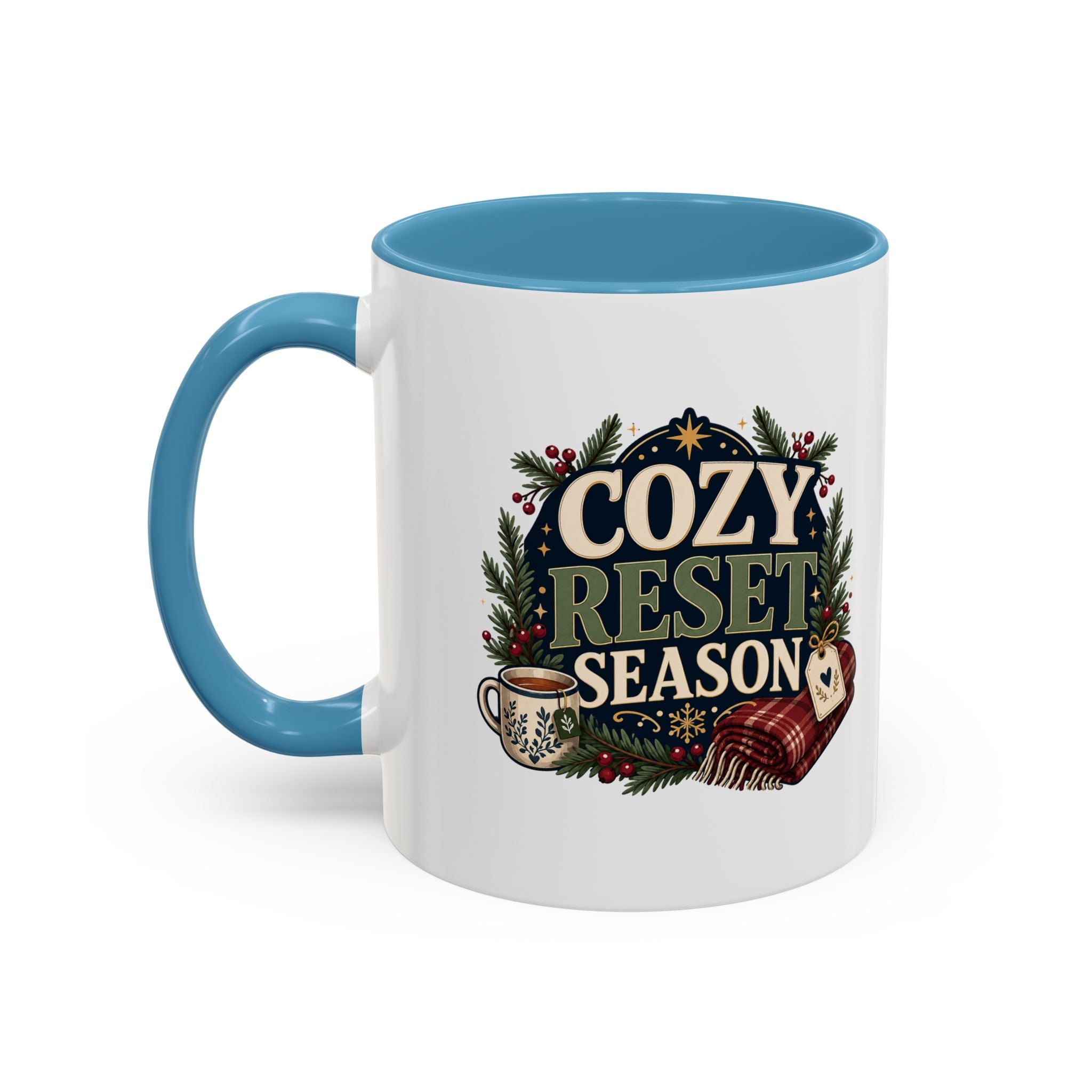 Modern Day Christmas Cozy Reset Season Mug — Holiday Coffee Cup with Blanket & Tea Tag Design