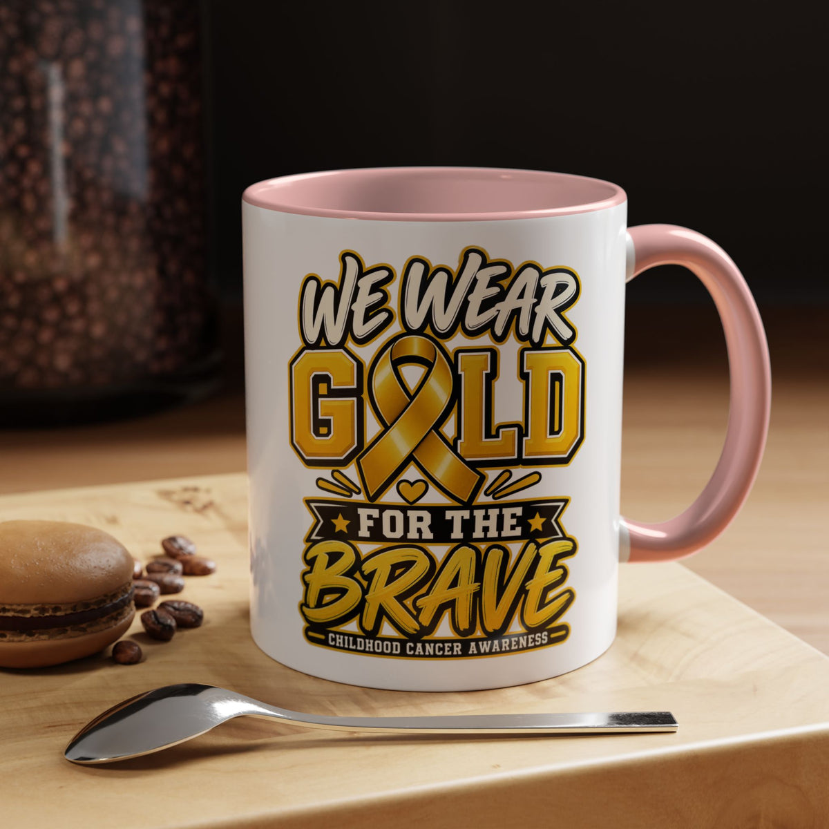 Childhood Cancer Awareness Accent Coffee Mug – "We Wear Gold for the Brave" (11/15 oz)