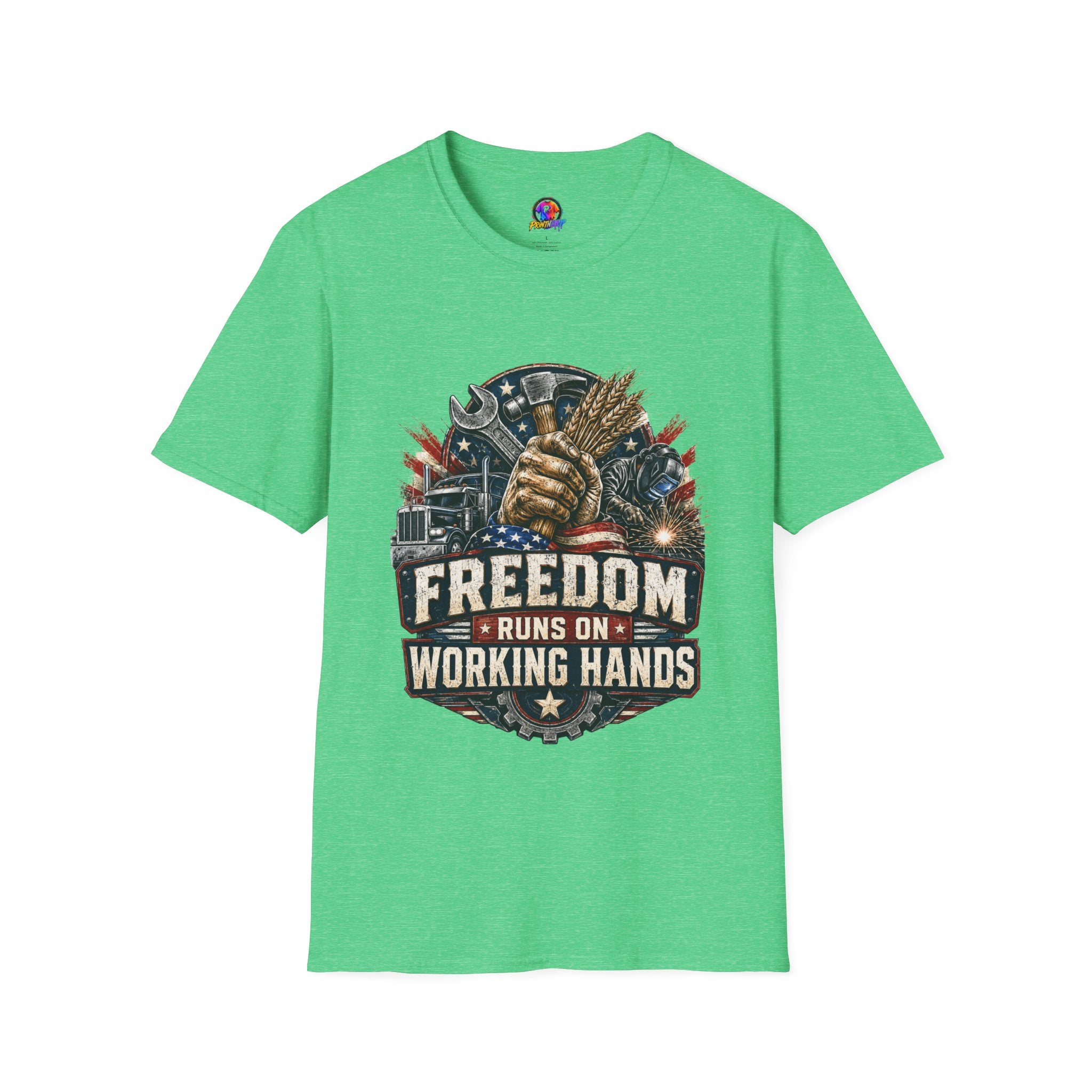 Freedom Runs on Working Hands T-Shirt — Patriotic Mechanic Tool & Wheat Design