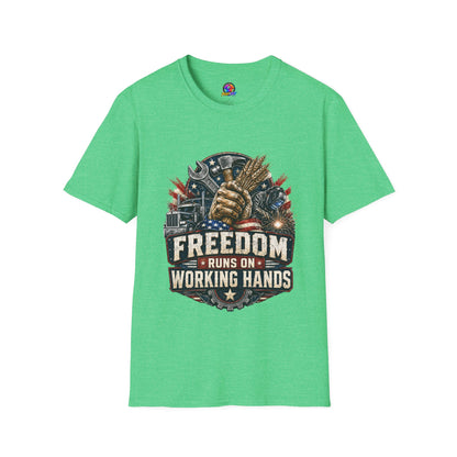 Freedom Runs on Working Hands T-Shirt — Patriotic Mechanic Tool & Wheat Design