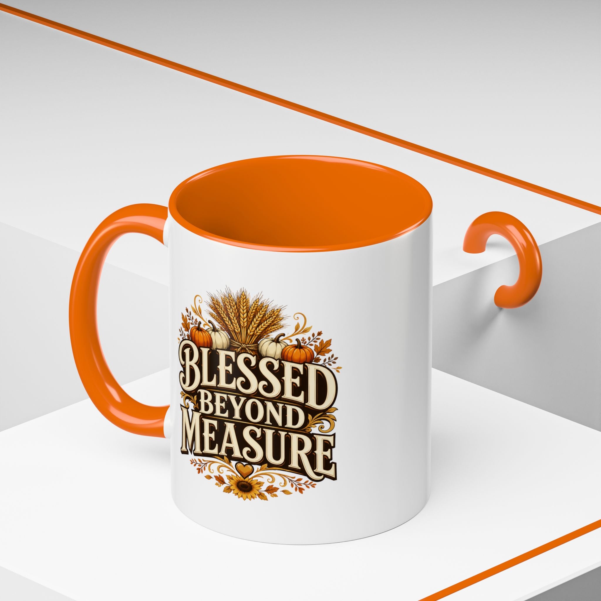 Thanksgiving Mug Blessed Beyond Measure Accent Coffee Mug — Fall Pumpkin & Wheat Autumn Faith Mug