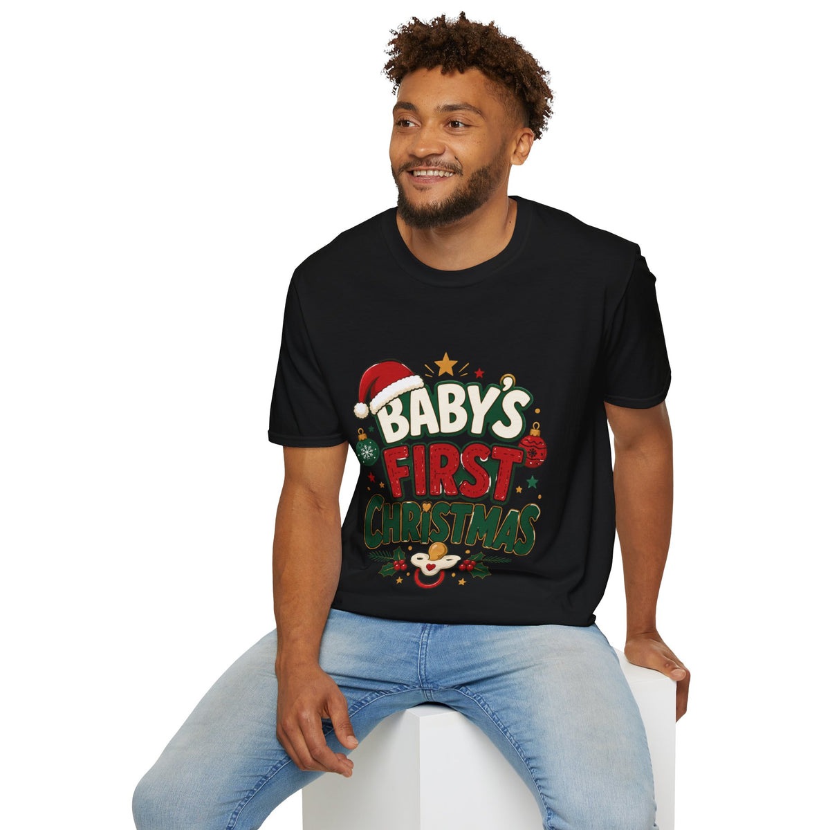 Baby's First Christmas T-Shirt — Festive Santa Hat & Ornaments Holiday Tee