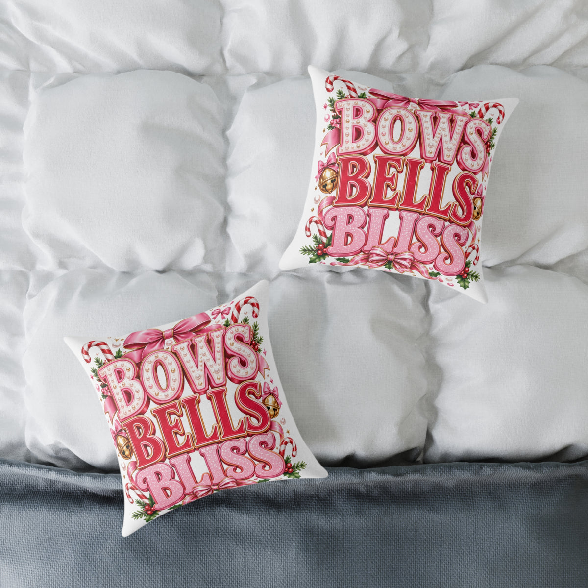 Bows Bells Bliss Modern Day Christmas Square Poly Canvas Pillow