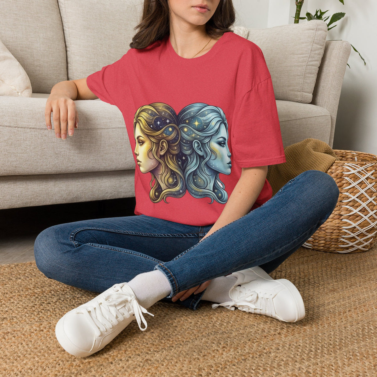 Zodiac Gemini Sun & Moon T-Shirt — Dual Faces Cosmic Design