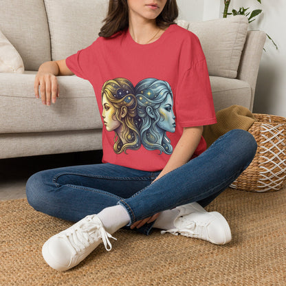 Zodiac Gemini Sun & Moon T-Shirt — Dual Faces Cosmic Design