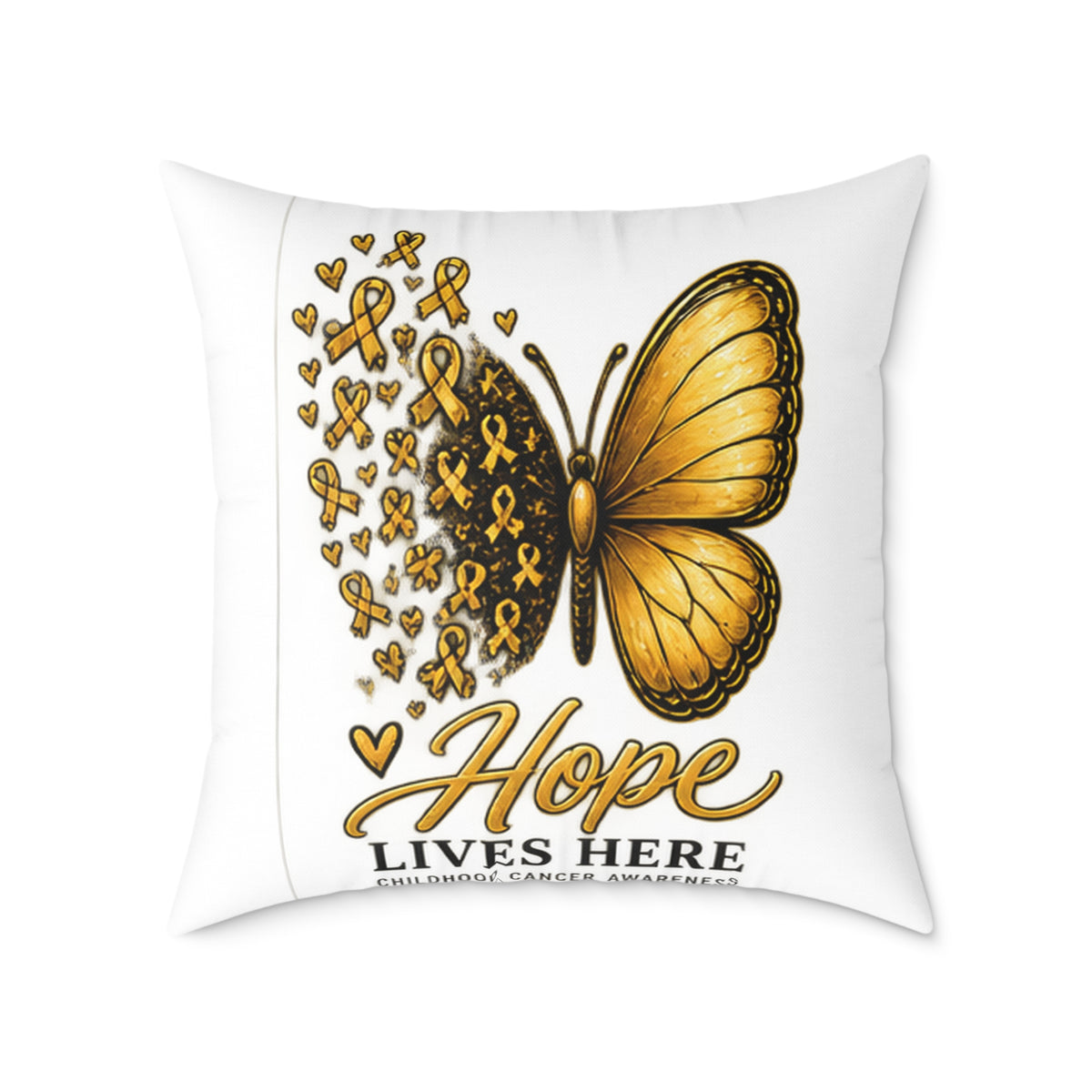 Childhood Cancer Hope Lives Here Butterfly Pillow — Gold Awareness Ribbon Accent