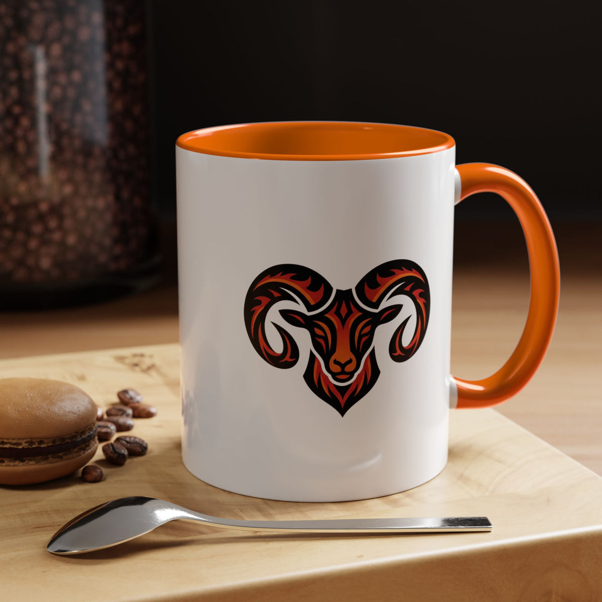 Aries Zodiac Ram Logo Accent Coffee Mug — Bold Tribal Ram Head Design