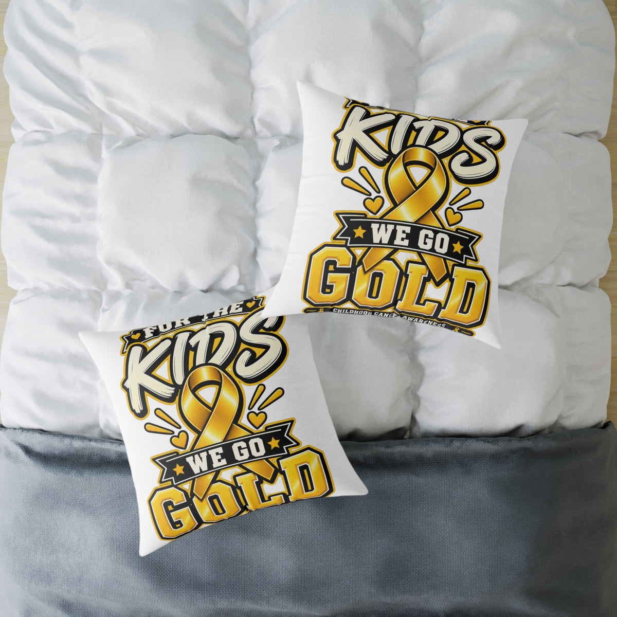 We Go Gold Kids Ribbon Square Throw Pillow — Childhood Cancer Awareness Decor