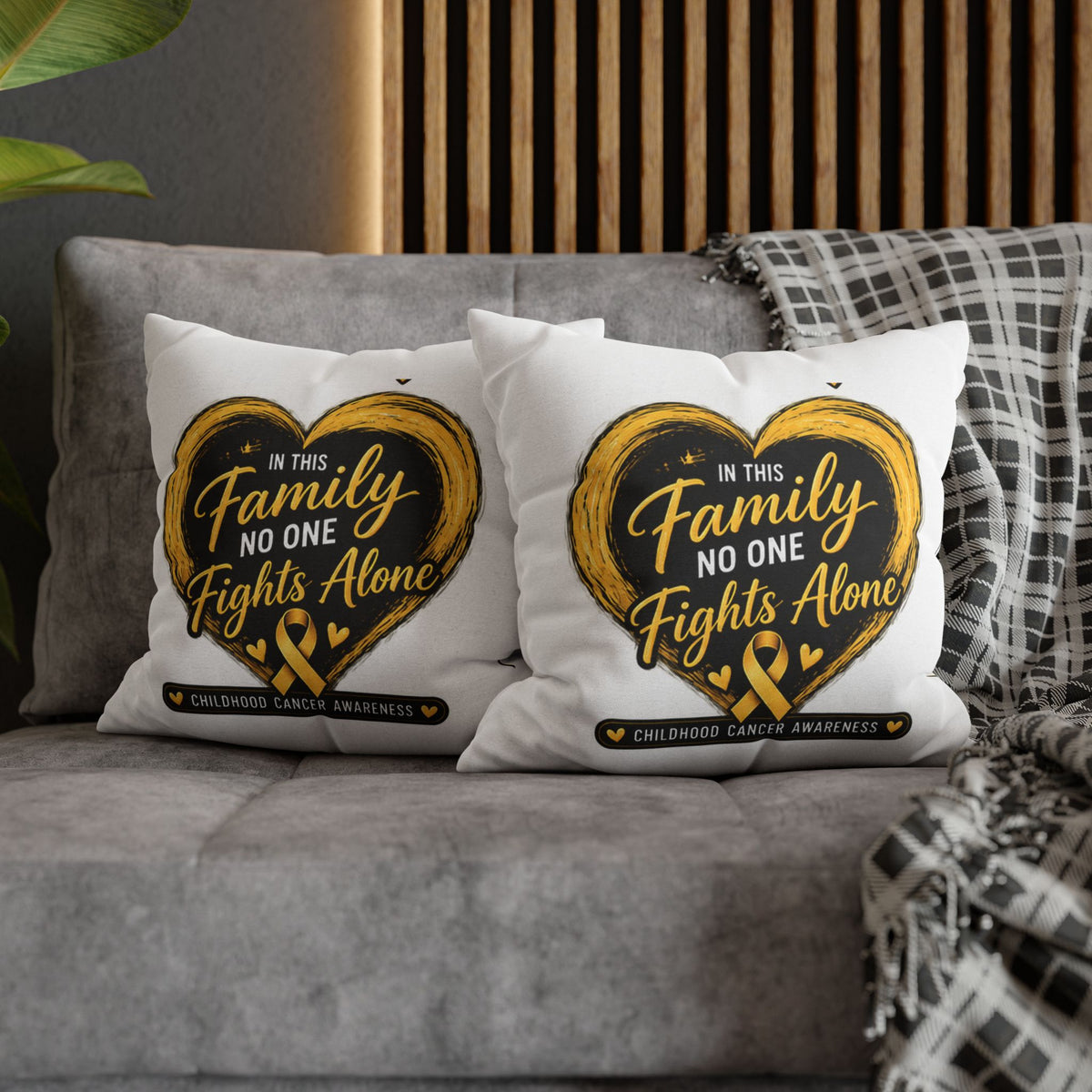 Childhood Cancer Awareness Pillow - "In This Family No One Fights Alone" Square Throw Pillow