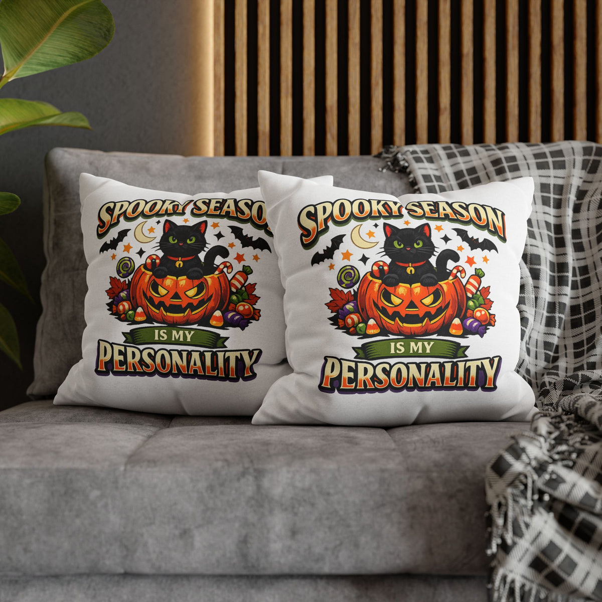 Halloween Pillowcase — "Spooky Season Is My Personality" Black Cat Pumpkin Decorative Pillow