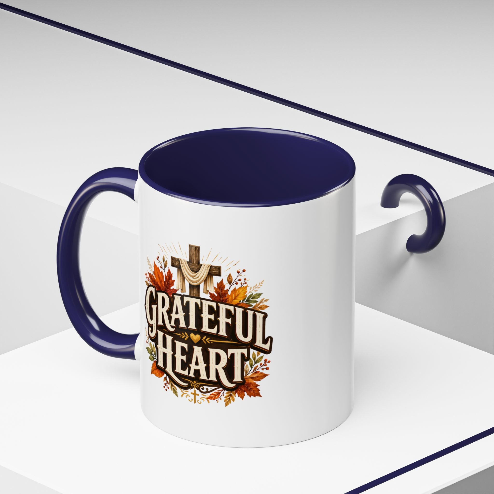 Thanksgiving Mug Grateful Heart Accent Coffee Mug – Autumn Leaves & Cross Spiritual Thanksgiving Gift