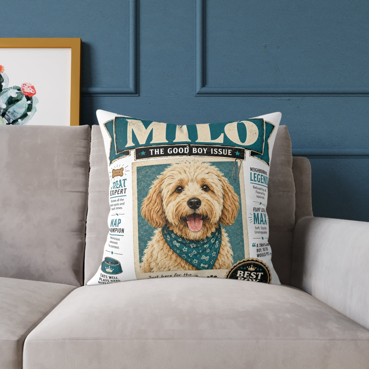 Personalized Dog Magazine Cover Pillow  Milo Bailey Dog Dad Mom — 'MILO' Square Poly Canvas Throw Pillow
