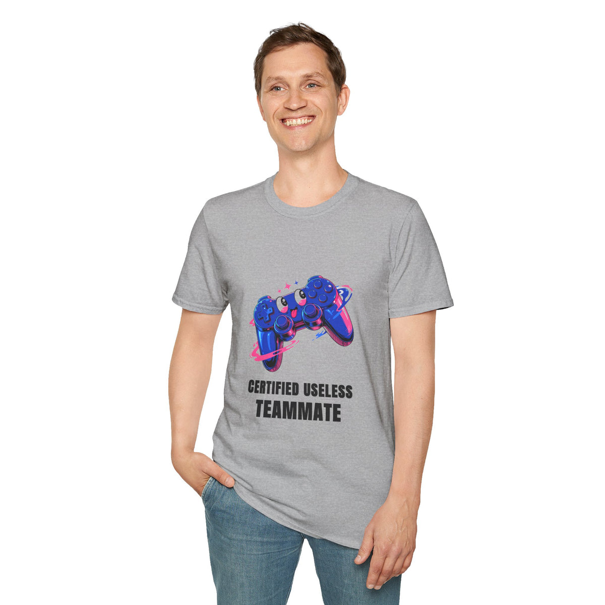 Certified Useless Teammate Gamer T-Shirt — Retro Neon Gamepad Tee - Trending Now - August 2026