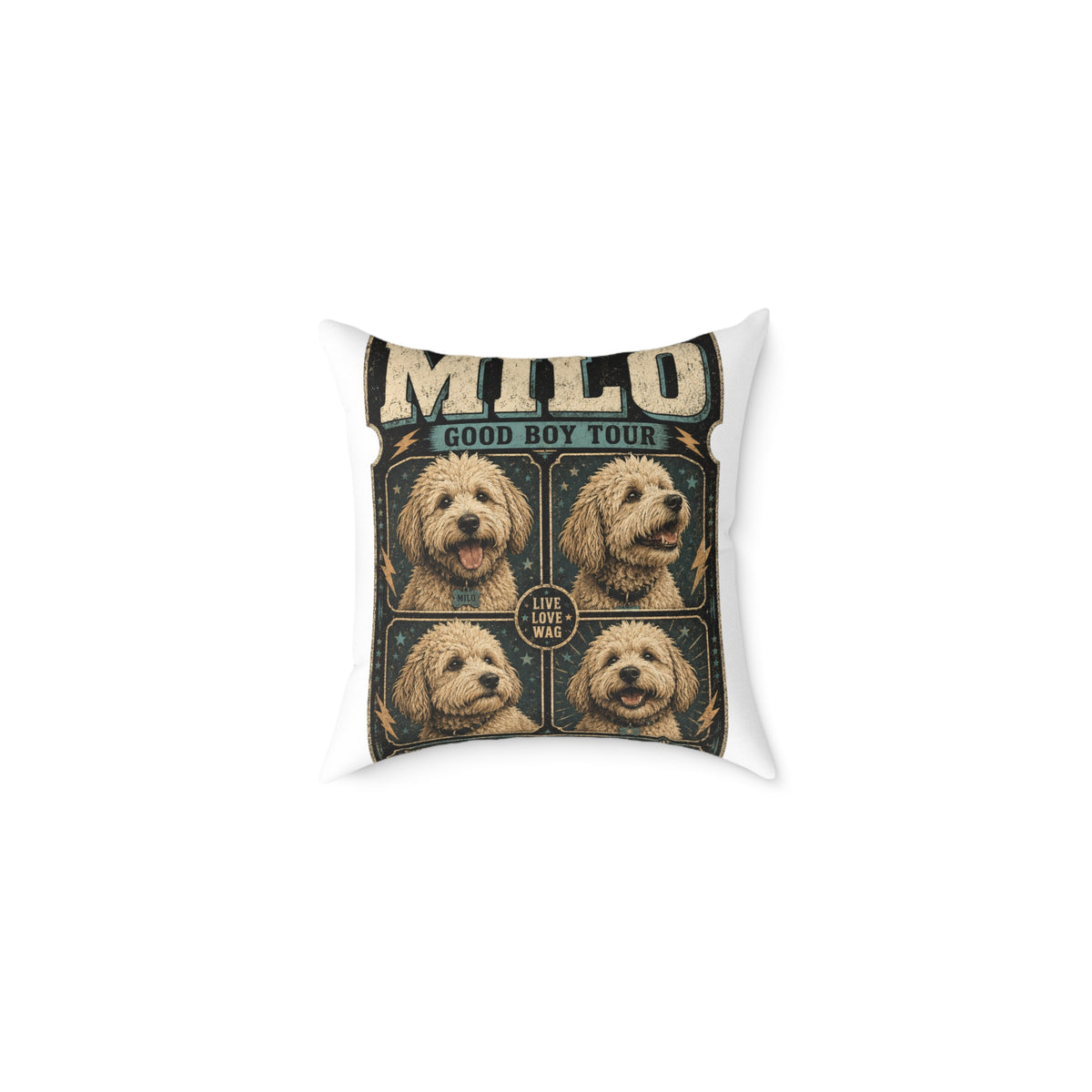 Milo "Good Boy Tour" Dog Photo Square Pillow  Milo Bailey Dog Dad Mom — Cute Pet Portrait Throw Pillow